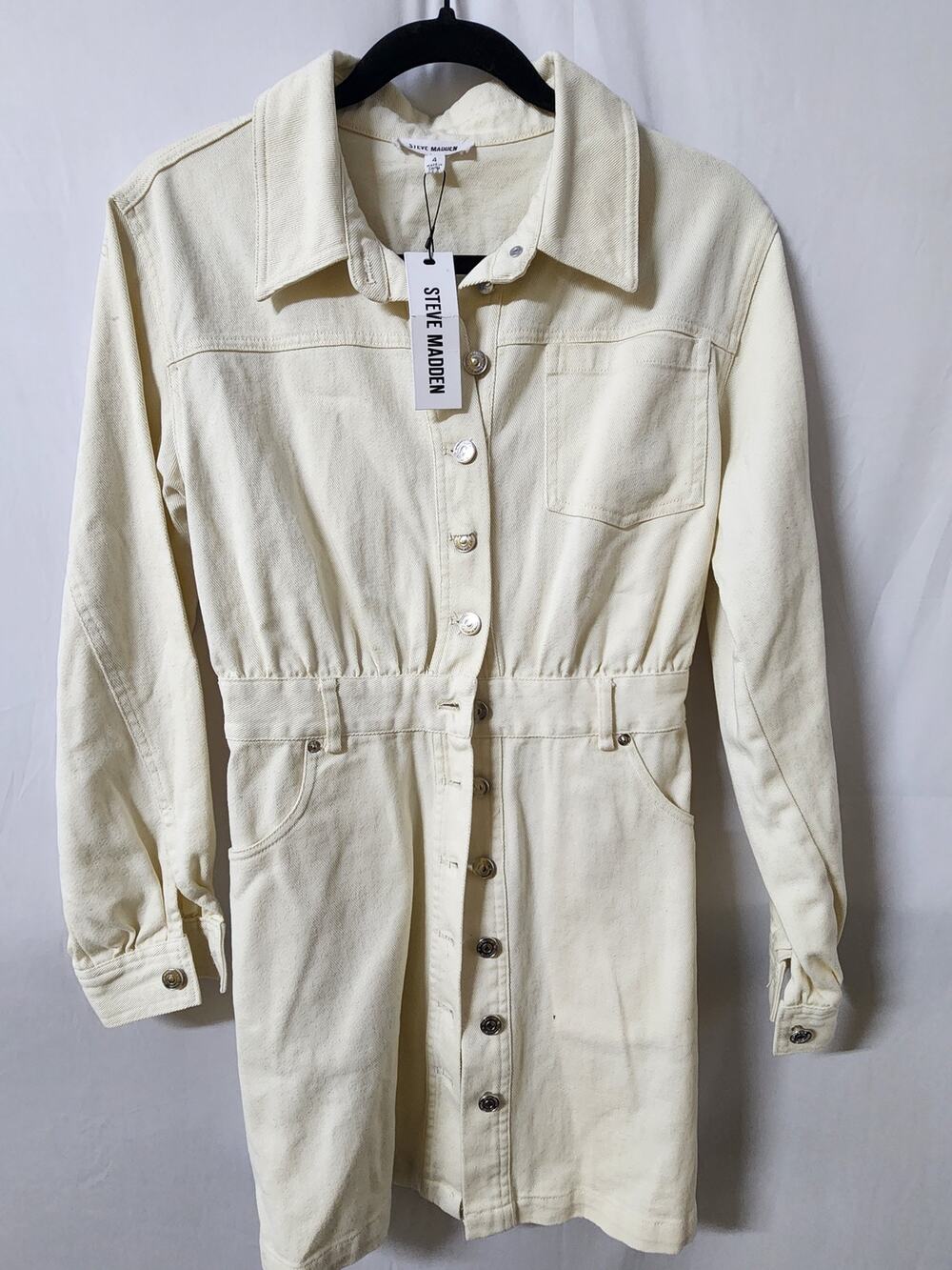 Steve Madden Cream Denim Shirt Dress Women's Size 4 Button Front Long Sleeve NWT